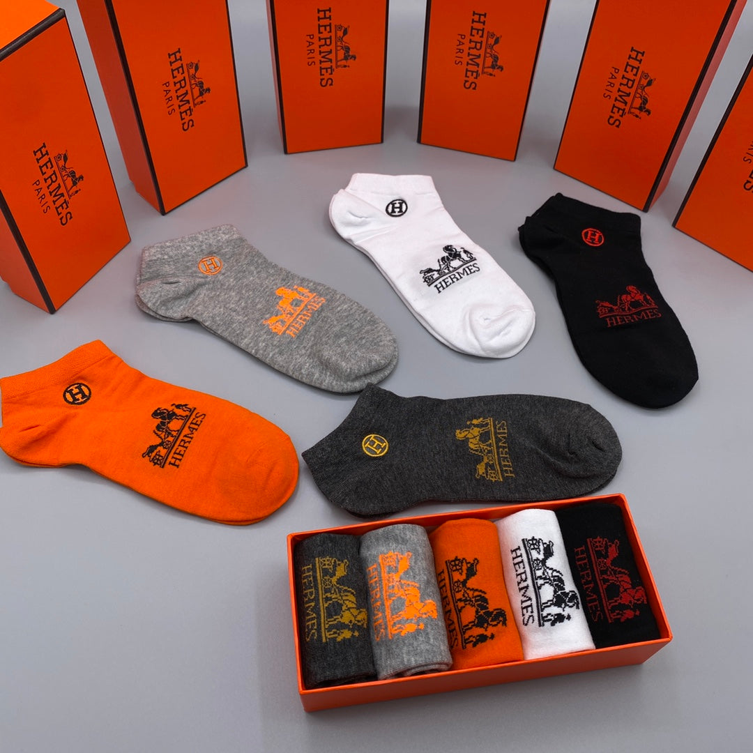 Hermes 200-needle combed cotton Contrast Wordmarks Ankle Socks - 5-Pair Set