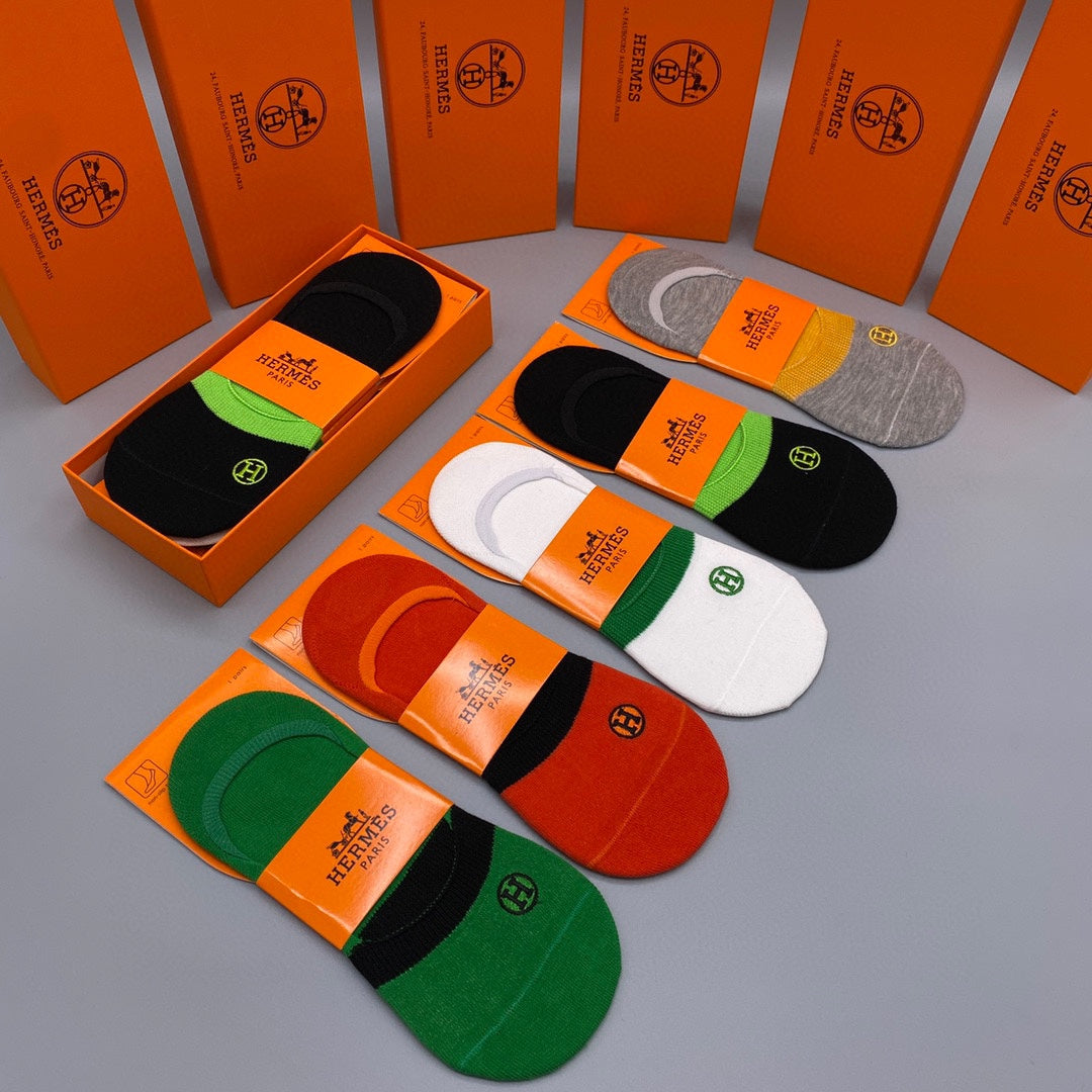 Hermes Cotton Visible Logo, Stripe Or Motif Details Crew Socks - 5-Pair Set