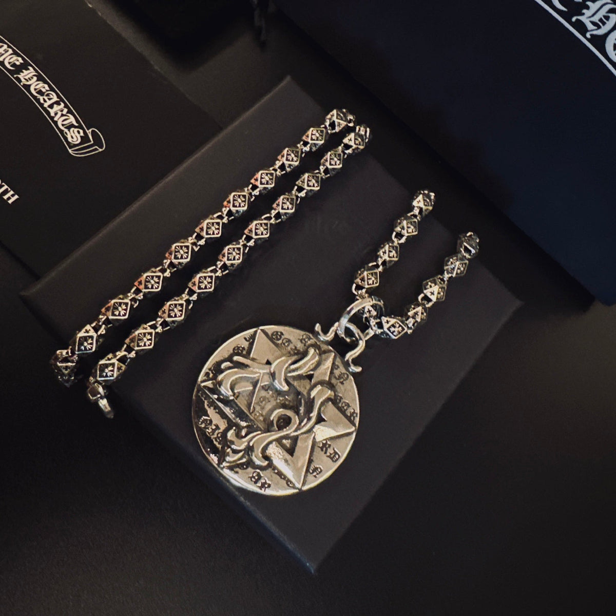 Martin Graham pendant necklace in polished metal-tone – styled product view