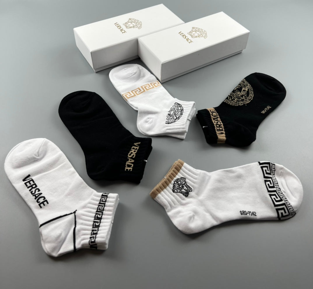 Versace Cotton blend Gold Medallion And Greek-Key Ankle Socks - 5-Pair Set