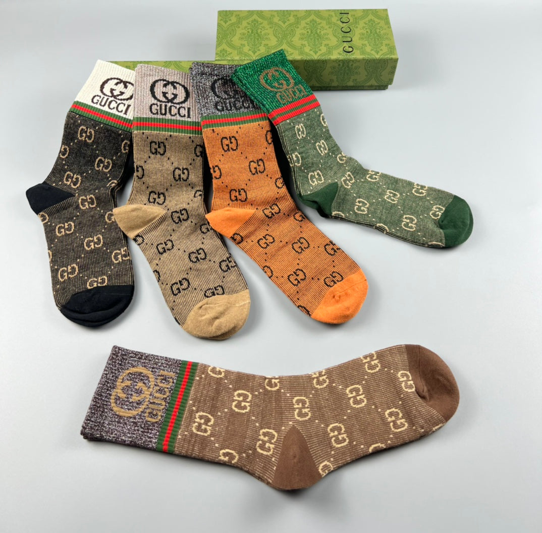 Gucci Gold-Thread Monogram Crew Socks - 5-Pair Box