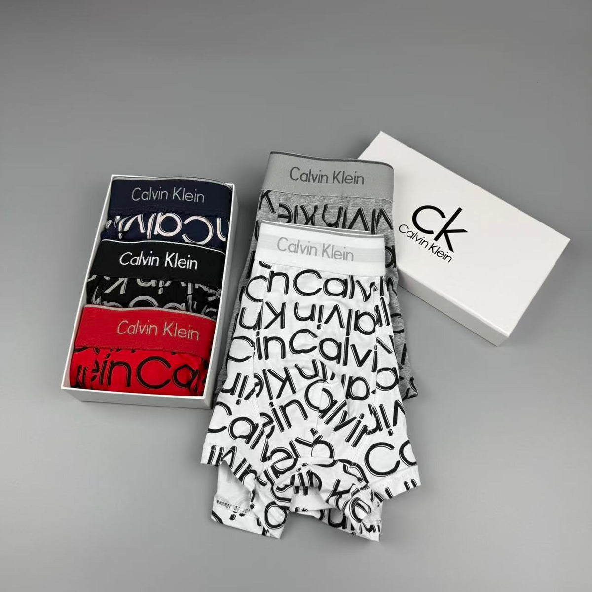 Calvin Klein Black, White, Grey & Red Letter Print Cotton Men's Boxer Briefs - 3-Piece Box
