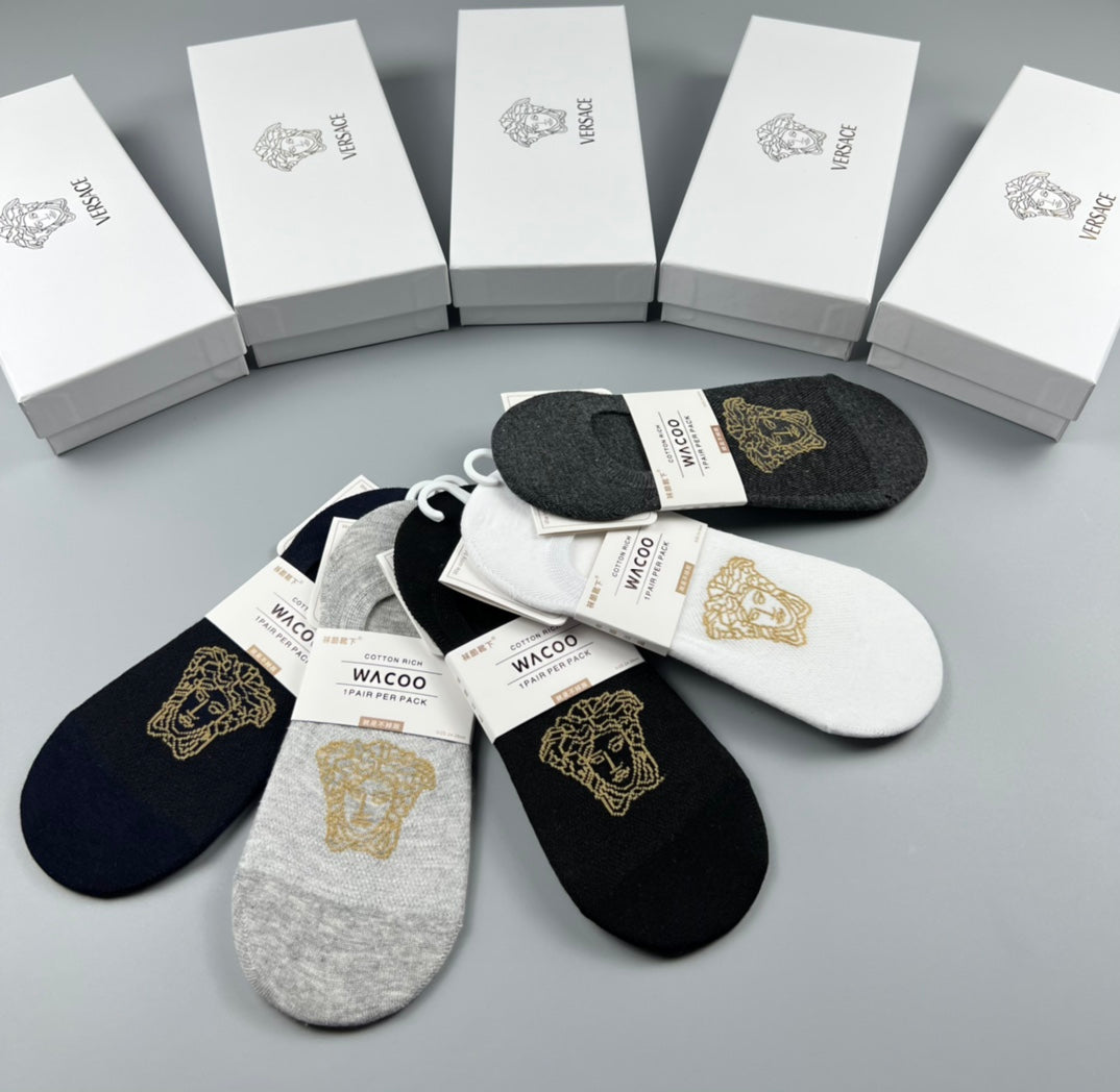 Versace Cotton Visible Logo, Stripe Or Motif Details No-Show Socks - 5-Pair Set