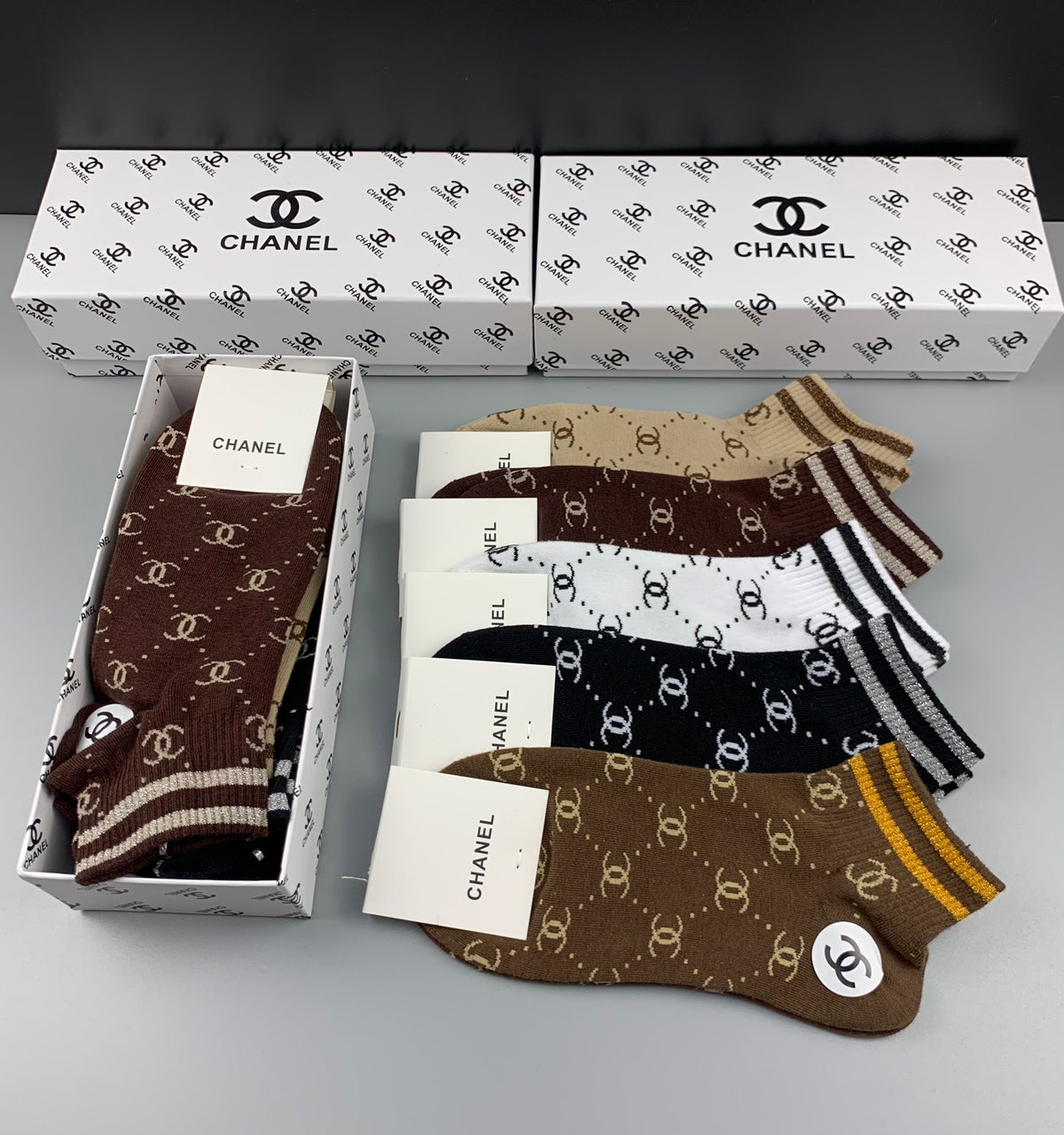 Chanel Cotton Mixed Stripes And Repeating Emblem Patterns Ankle Socks - 5-Pair Set