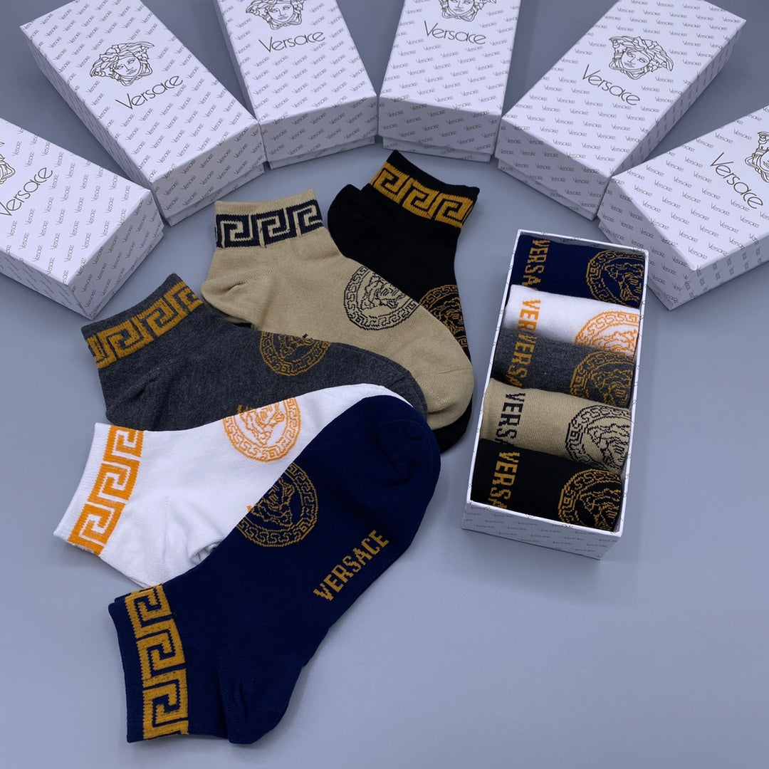 Versace Combed cotton Greek-Key Cuffs And Medallions Ankle Socks - 5-Pair Set