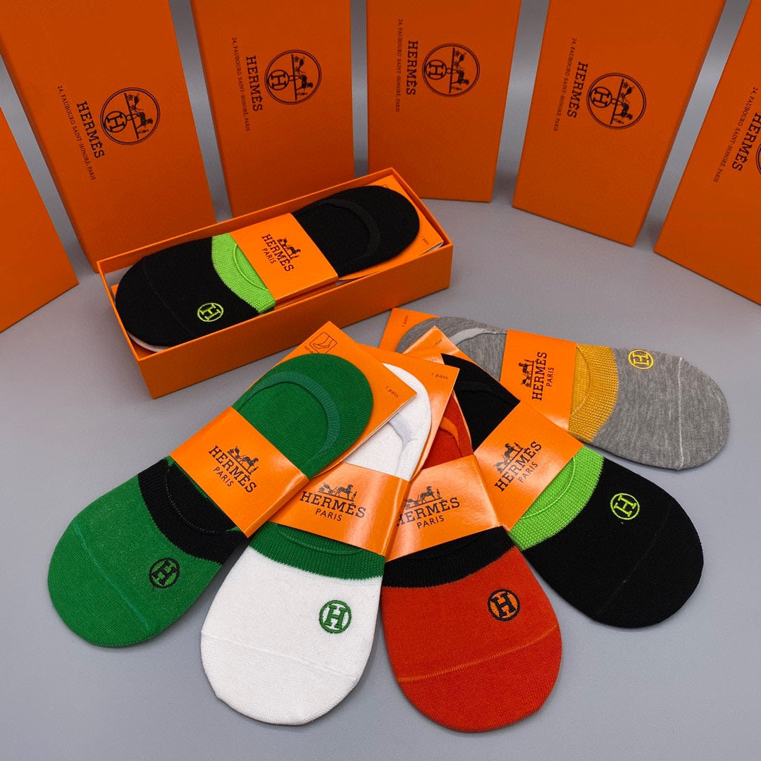 Hermes Cotton Visible Logo, Stripe Or Motif Details Crew Socks - 5-Pair Set
