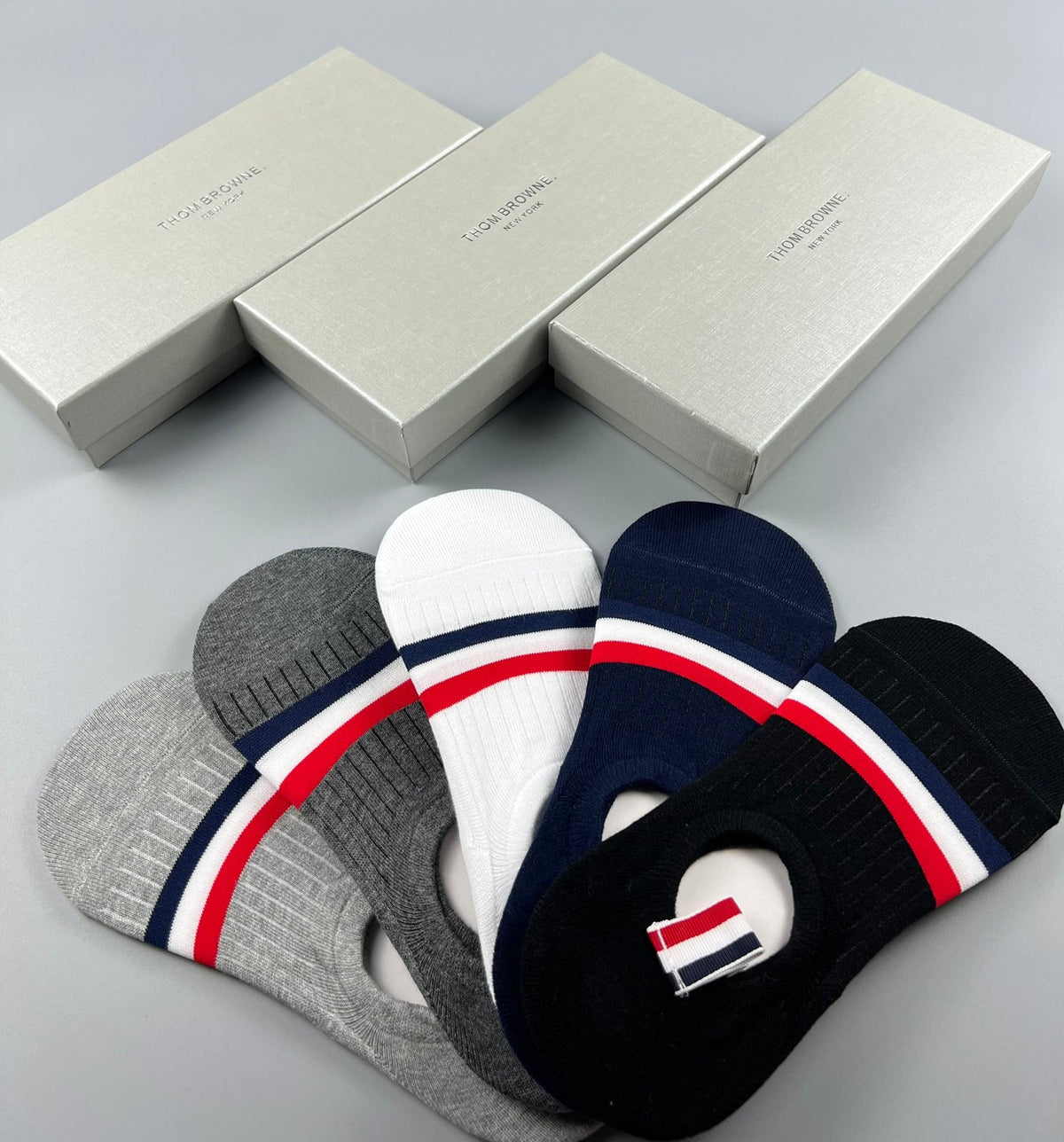 Thom Browne Cotton Visible Logo, Stripe Or Motif Details No-Show Socks - 5-Pair Set