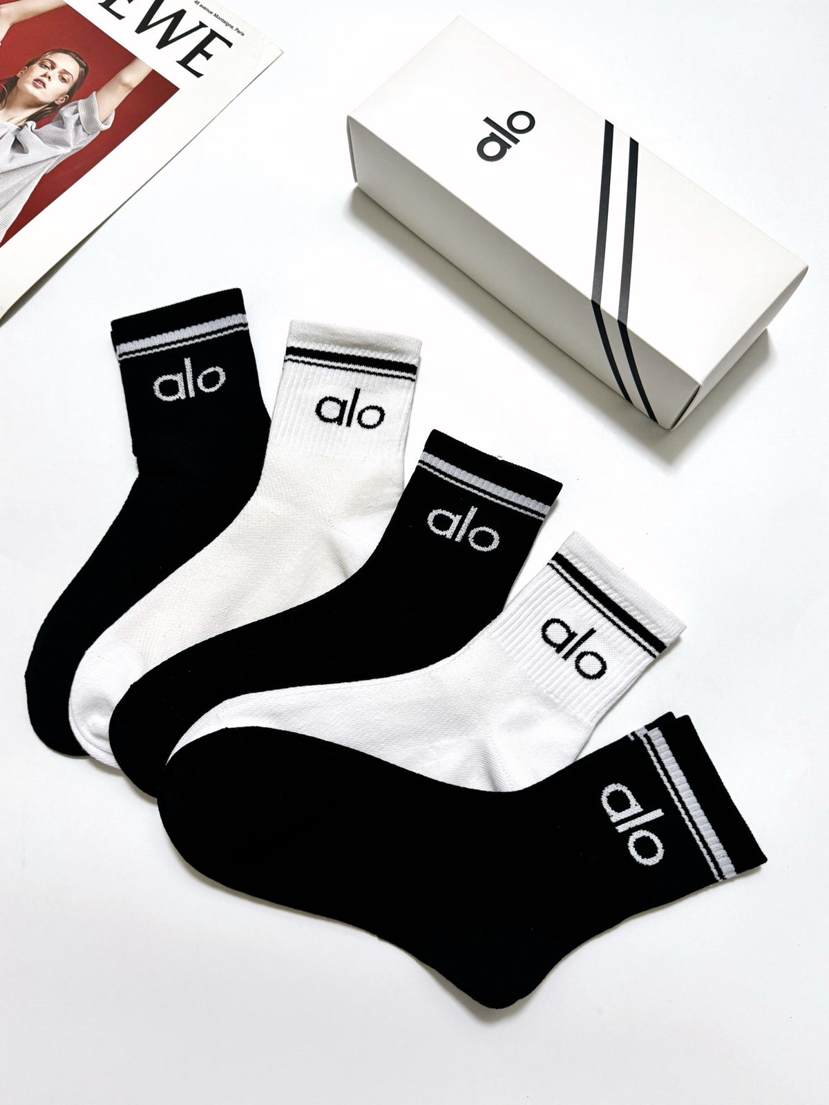 Alo Cotton Classic Letter Branding Crew Socks - 5-Pair Set