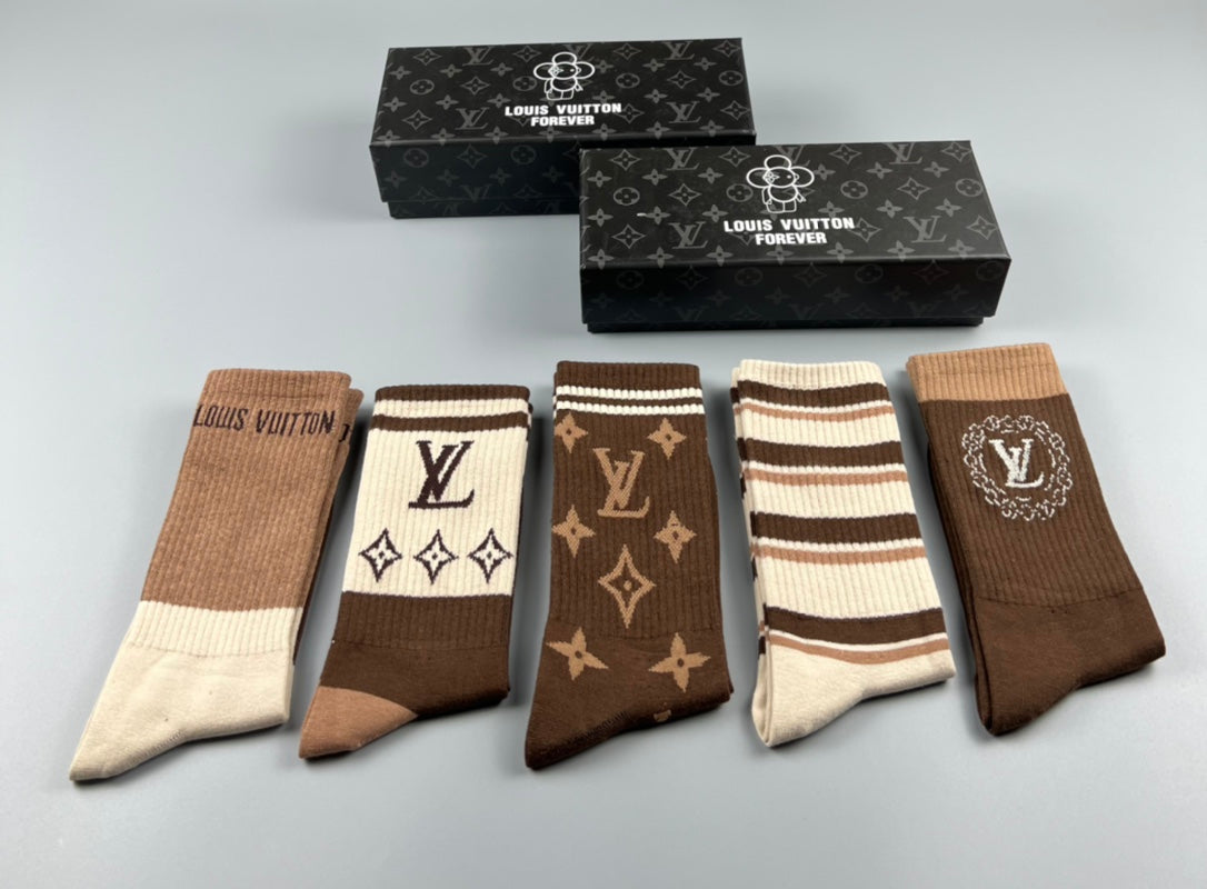 Louis Vuitton Cotton Stripes And Monogram-Style Motifs Crew Socks - 5-Pair Set