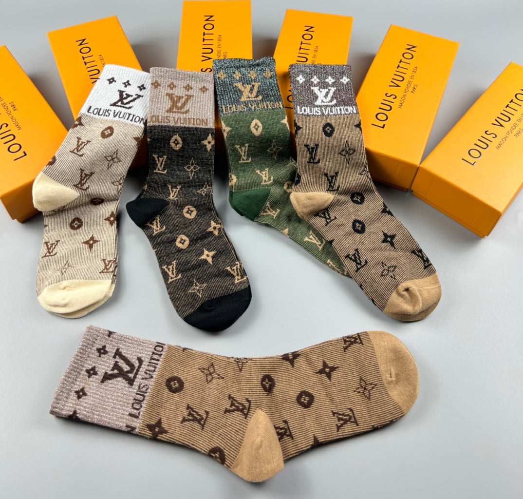 Louis Vuitton Cotton Varied Monogram-Style Motifs Crew Socks - 5-Pair Set
