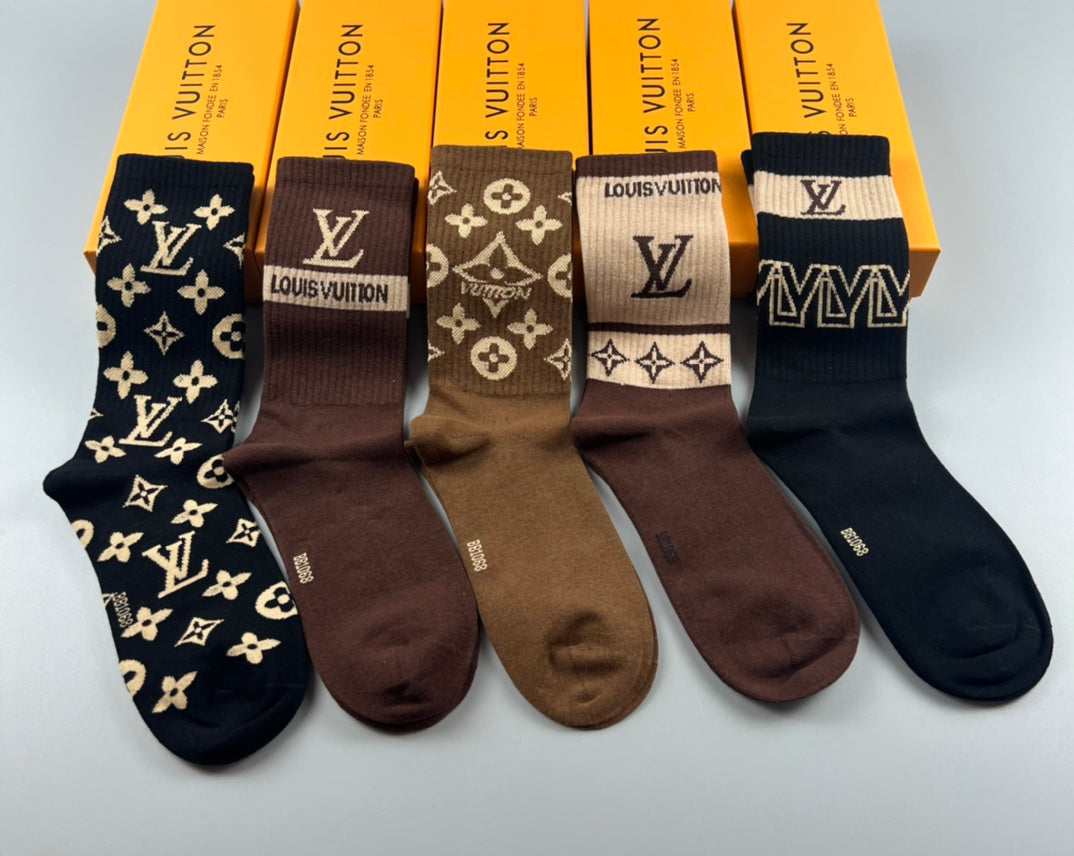 Louis Vuitton Cotton Varied Monogram-Style Motifs Crew Socks - 5-Pair Set