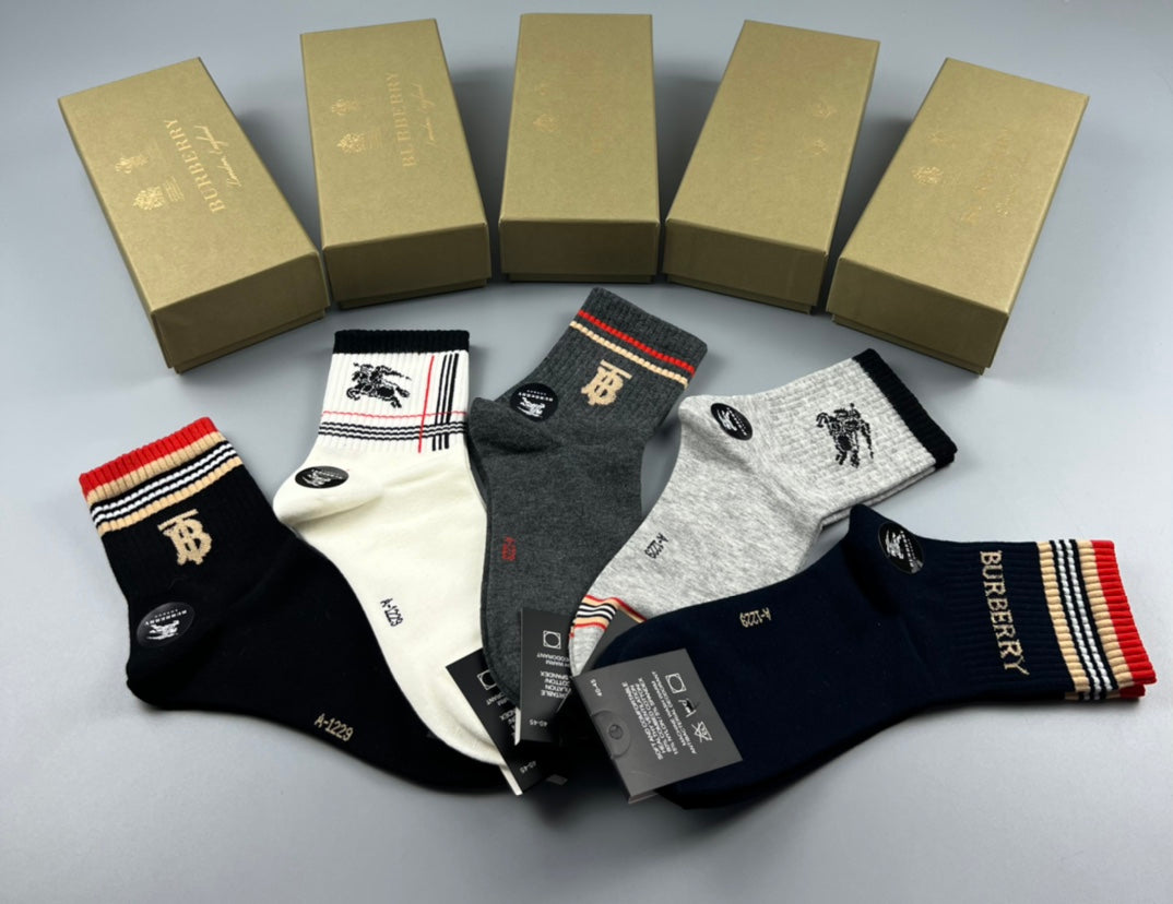 Burberry Cotton Simple Contrast Mid-Calf Socks - 5-Pair Set