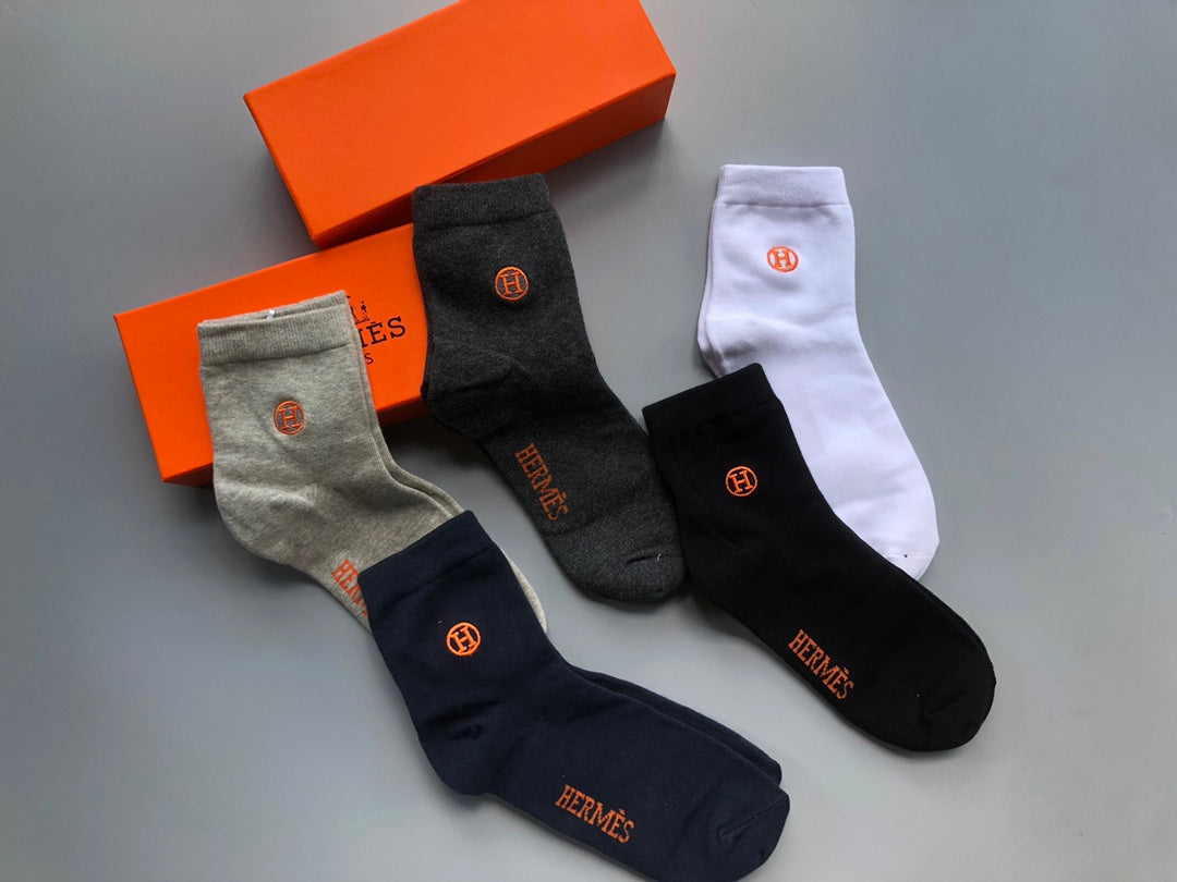 Hermes Embroidered Logo Mid-Calf Socks - 5-Pair Box