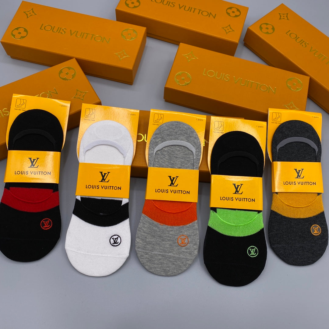 Louis Vuitton Visible Logo, Stripe Or Motif Details No-Show Socks - 5-Pair Set