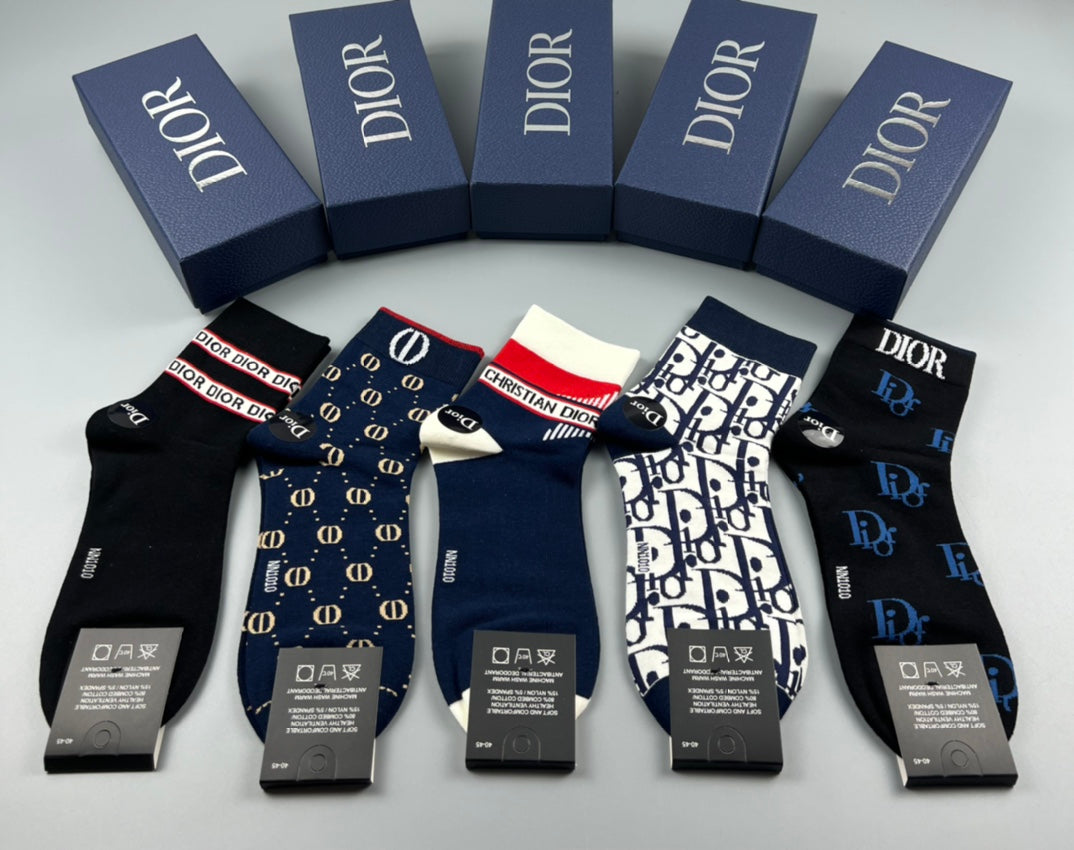 Dior Mixed Monogram-Style And Stripe Crew Socks - 5-Pair Set