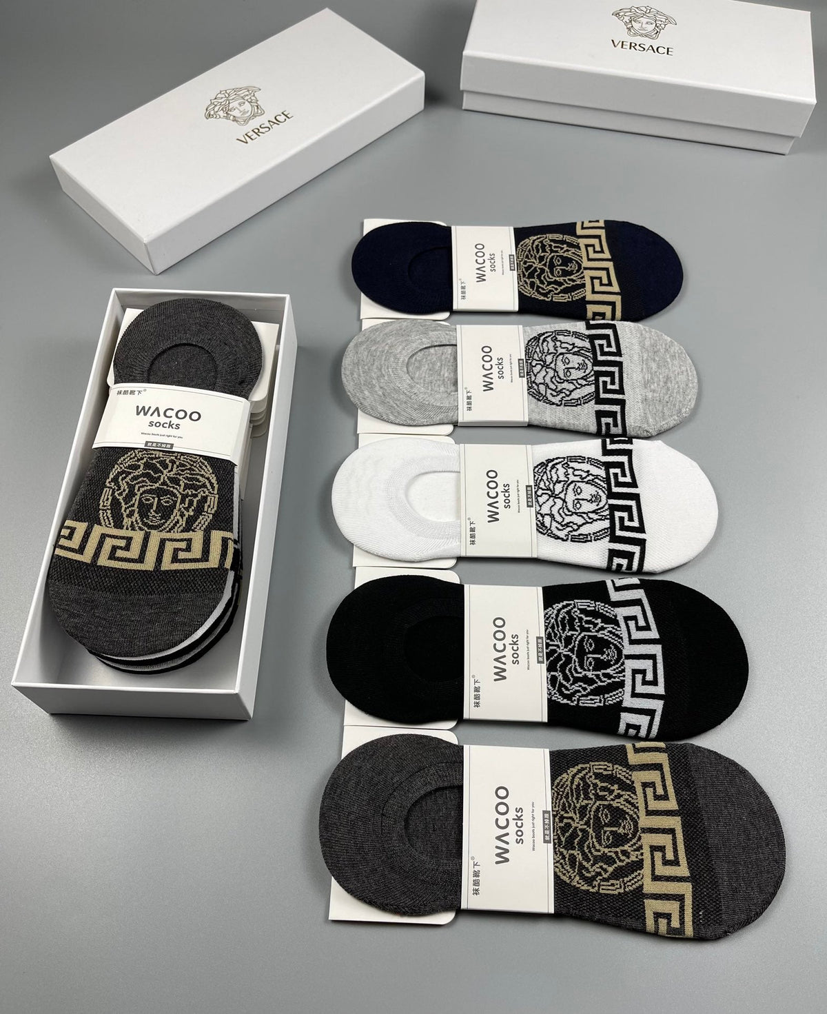 Versace Cotton Visible Logo, Stripe Or Motif Details Crew Socks - 5-Pair Set