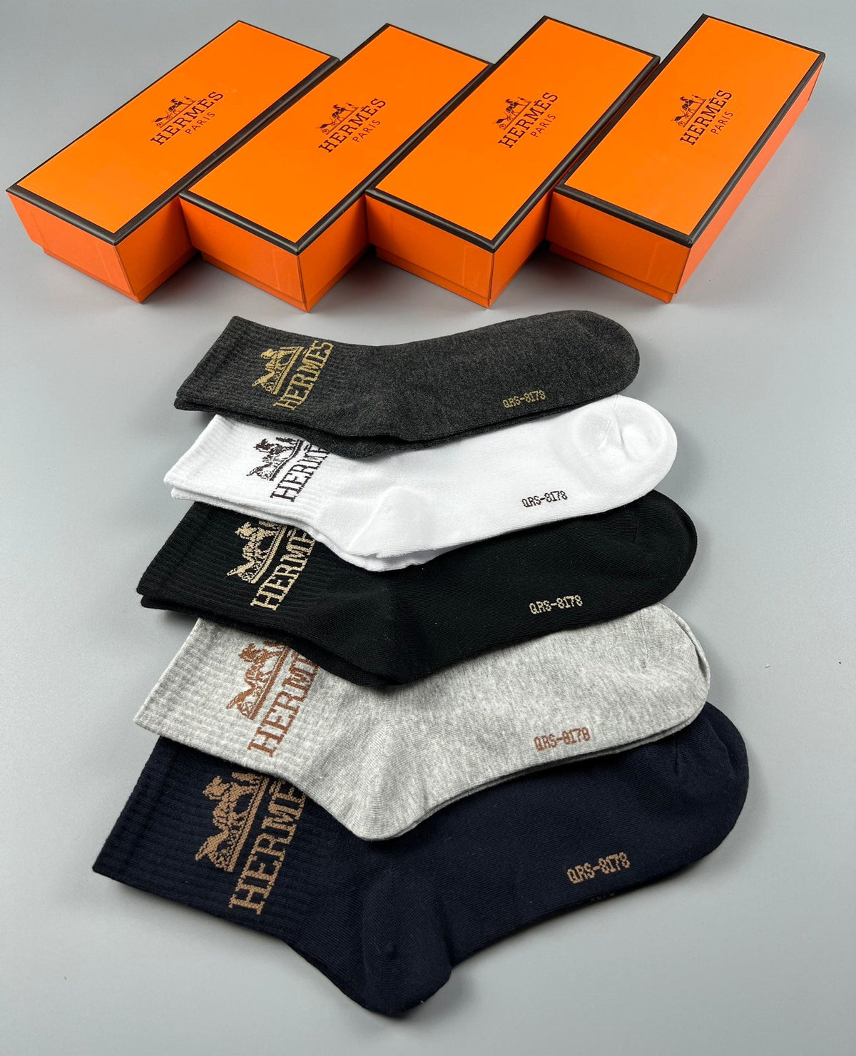 Hermes Cotton Visible Embroidered Logo Details Crew Socks - 5-Pair Set