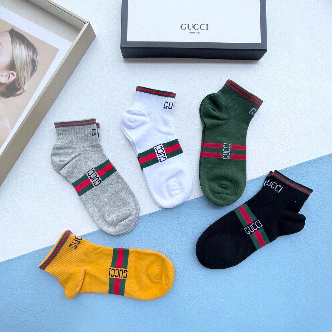 Gucci Red-And-Green Bands And Bee Details Ankle Socks - 5-Pair Set