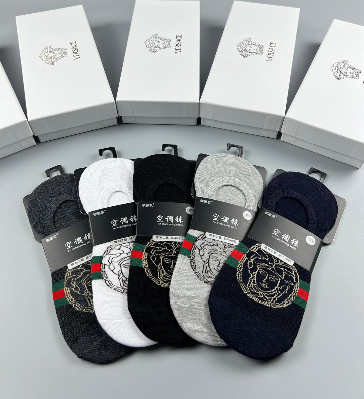 Versace Cotton Visible Logo, Stripe Or Motif Details No-Show Socks - 5-Pair Set