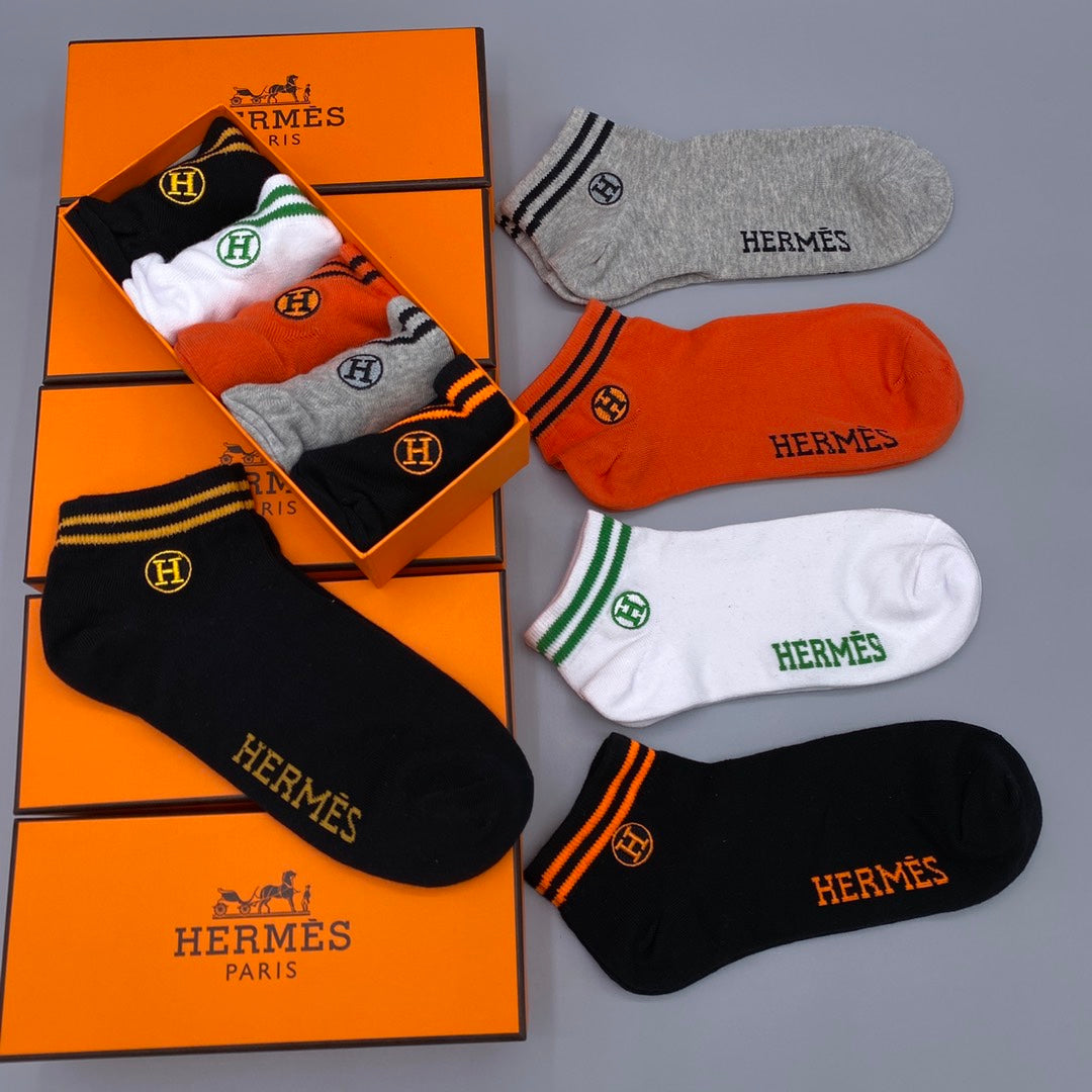 Hermes Heritage Logo Ankle Socks - Box of 5 Pairs