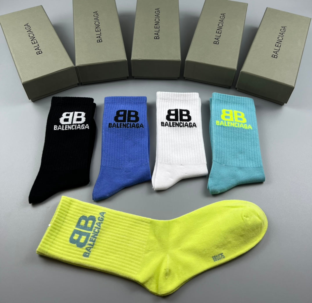 Balenciaga Bright Block Logo Mid-Calf Socks - 5-Pair Box