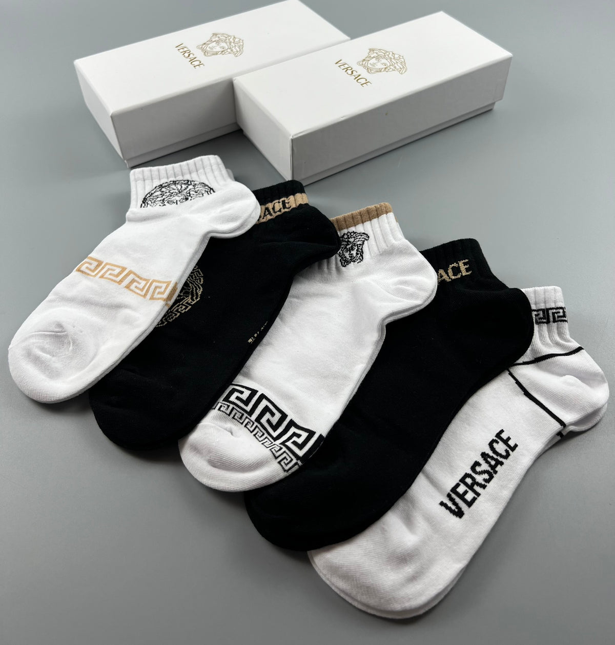 Versace Cotton blend Gold Medallion And Greek-Key Ankle Socks - 5-Pair Set