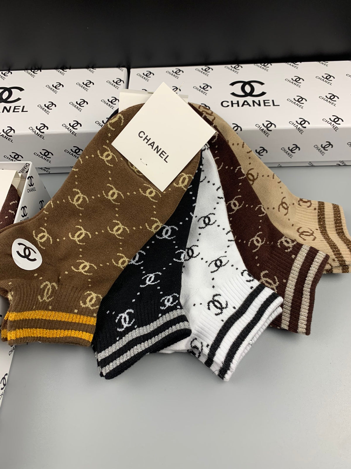 Chanel Cotton Mixed Stripes And Repeating Emblem Patterns Ankle Socks - 5-Pair Set