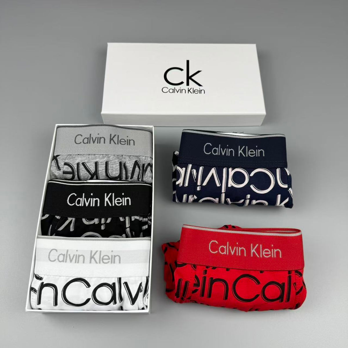 Calvin Klein Black, White, Grey & Red Letter Print Cotton Men's Boxer Briefs - 3-Piece Box