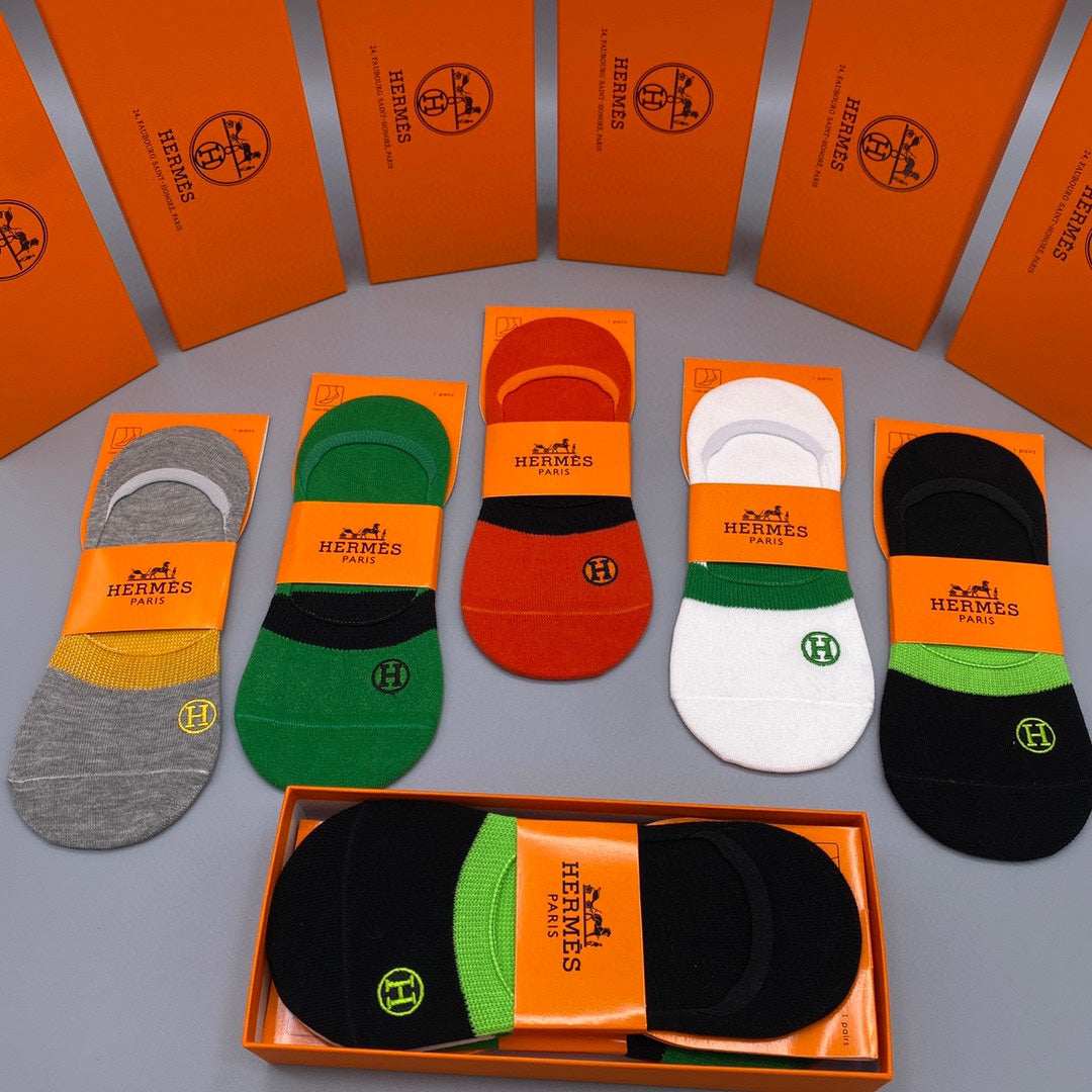 Hermes Cotton Visible Logo, Stripe Or Motif Details Crew Socks - 5-Pair Set