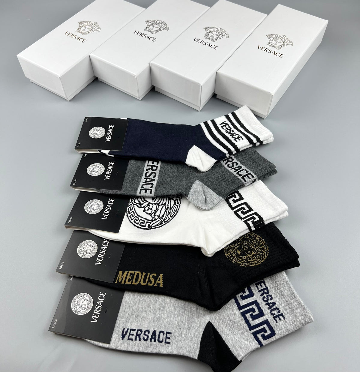 Versace Cotton blend Bold Lettering And Greek-Key Ankle Socks - 5-Pair Set