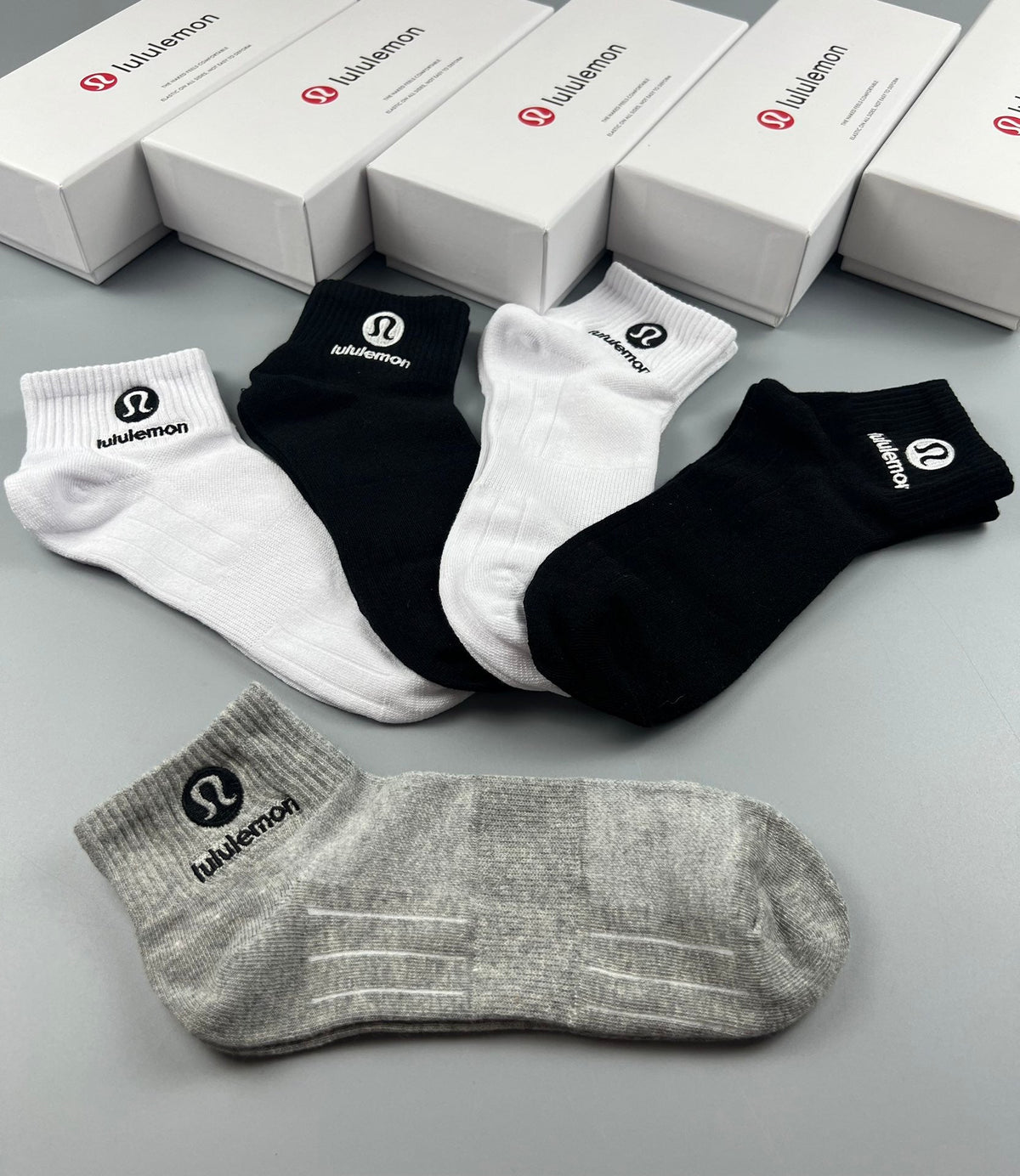 Lululemon Cotton Ankle Socks - Black, White & Grey 5-Pair Set