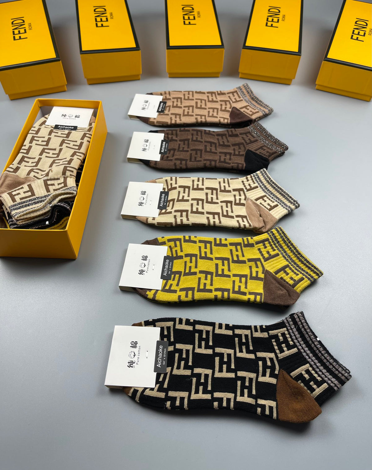 Fendi Monogram Ankle Socks - 5-Pair Box