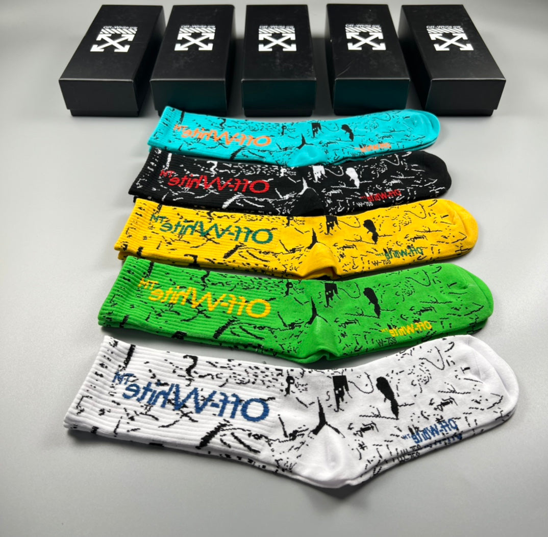 Off-White Cotton Visible Logo, Stripe Or Motif Details Crew Socks - 5-Pair Set