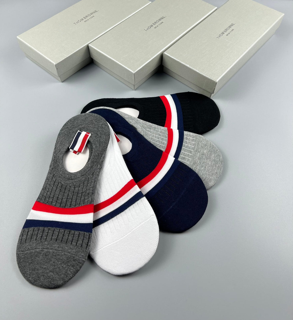 Thom Browne Cotton Visible Logo, Stripe Or Motif Details No-Show Socks - 5-Pair Set