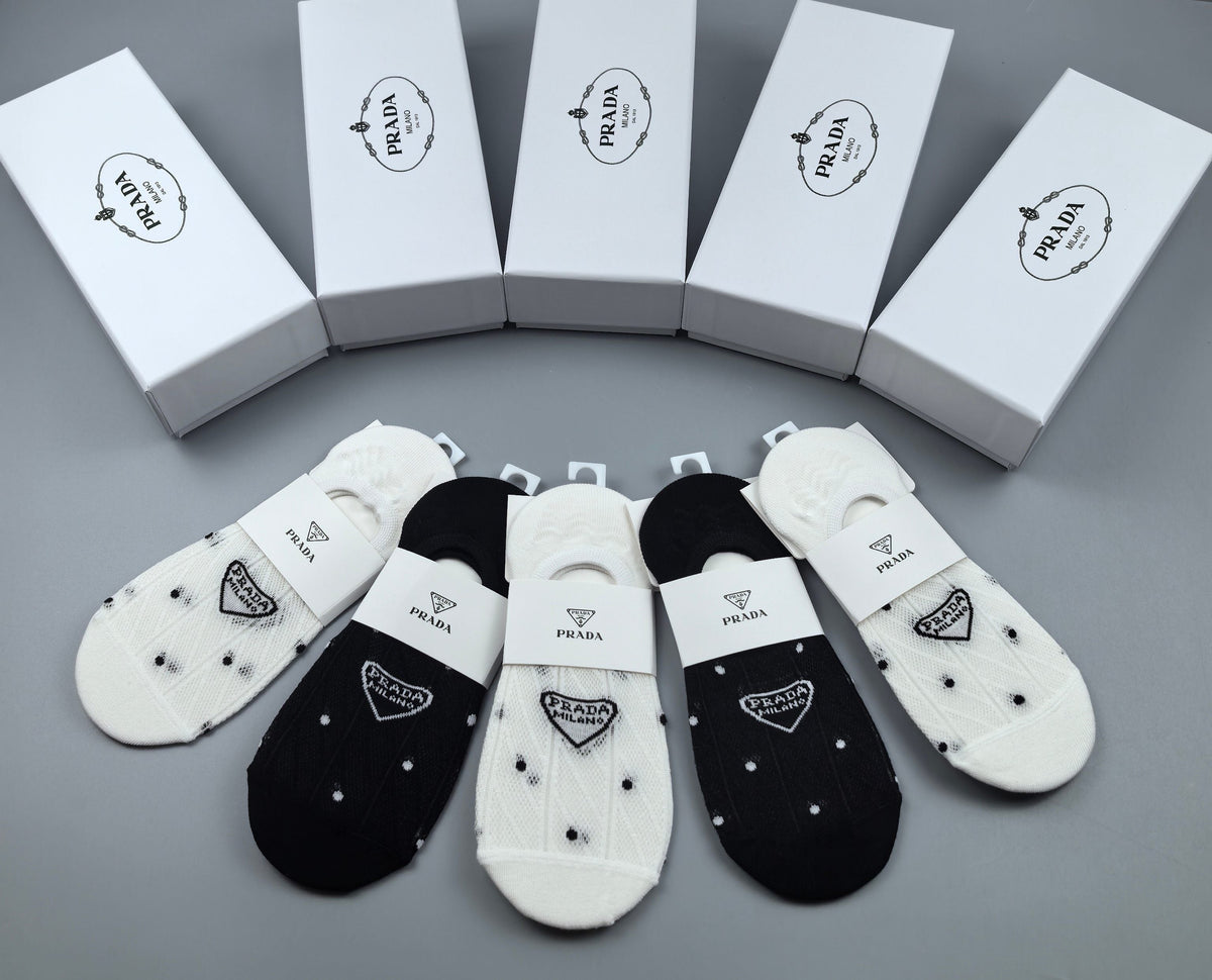 Prada Combed cotton Visible Logo, Stripe Or Motif Details Crew Socks - 5-Pair Set