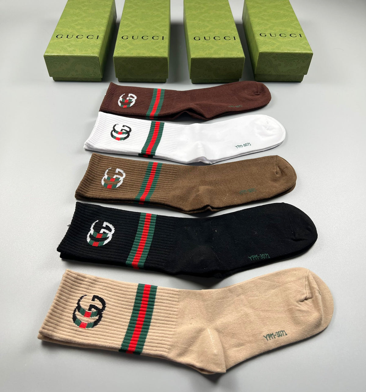 Gucci Cotton Blue, Green & White Tonal Waistbands Crew Socks - 5-Pair Set
