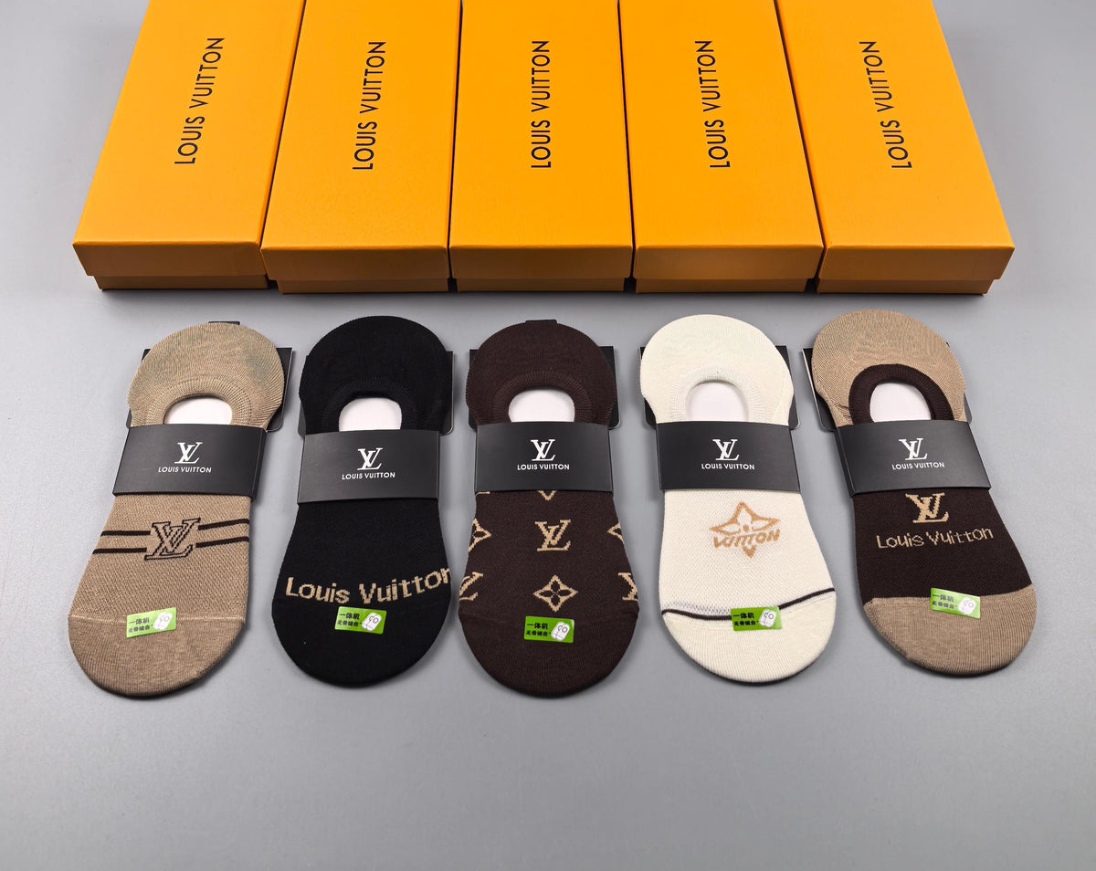 Louis Vuitton Visible Logo, Stripe Or Motif Details No-Show Socks - 5-Pair Set