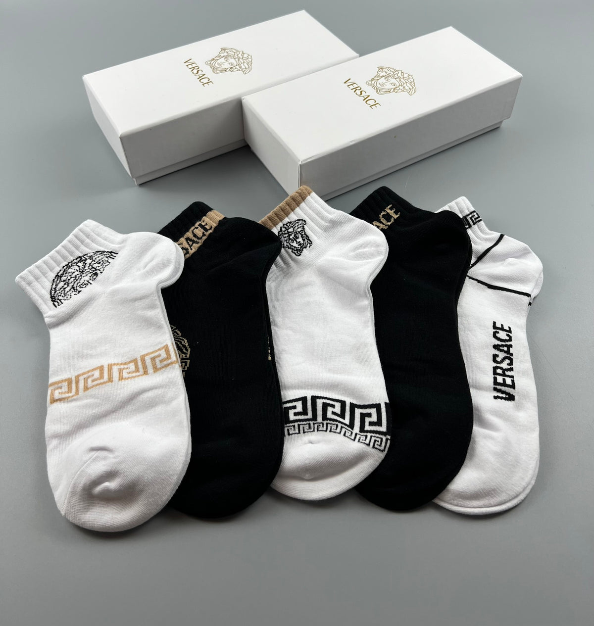 Versace Cotton blend Gold Medallion And Greek-Key Ankle Socks - 5-Pair Set