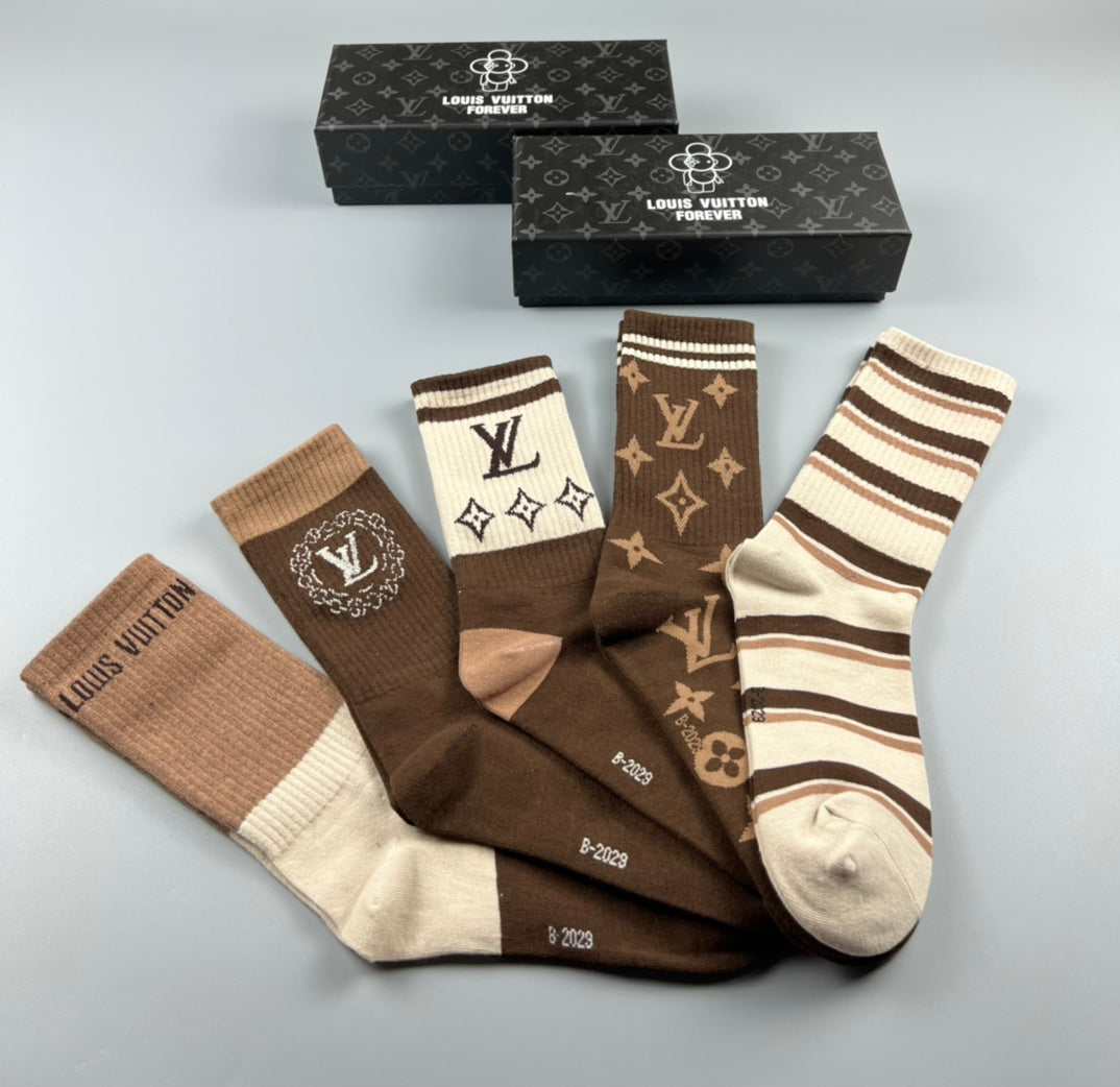 Louis Vuitton Cotton Stripes And Monogram-Style Motifs Crew Socks - 5-Pair Set