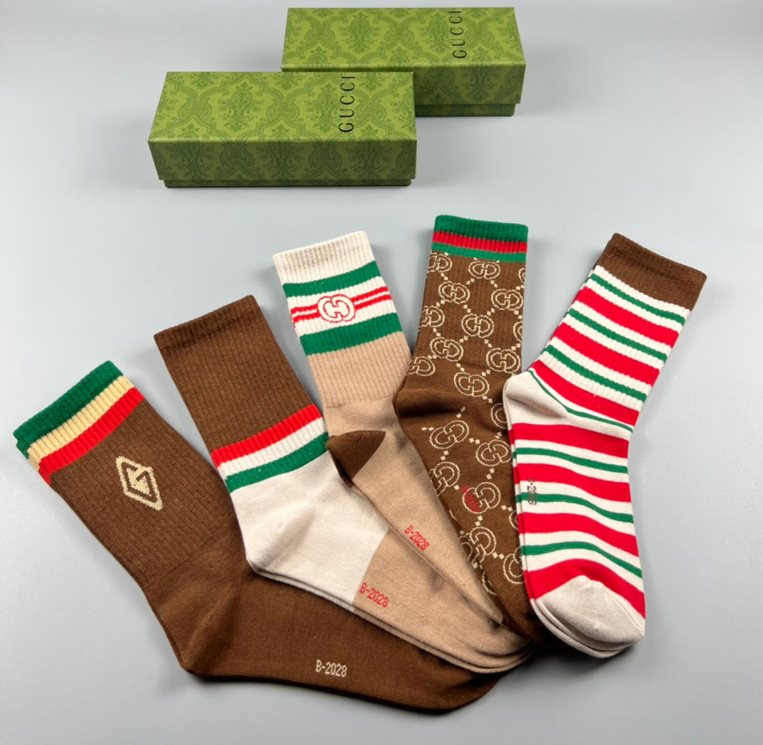 Gucci Brown Monogram Crew Socks - Box of 5 Pairs