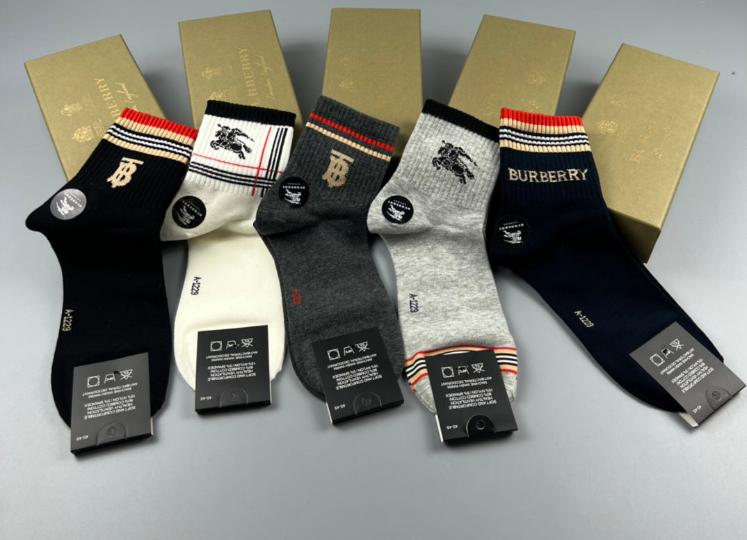 Burberry Cotton Simple Contrast Mid-Calf Socks - 5-Pair Set