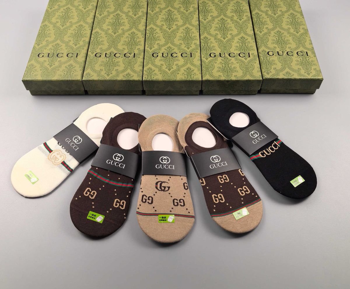 Gucci Cotton Visible Logo, Stripe Or Motif Details No-Show Socks - 5-Pair Set