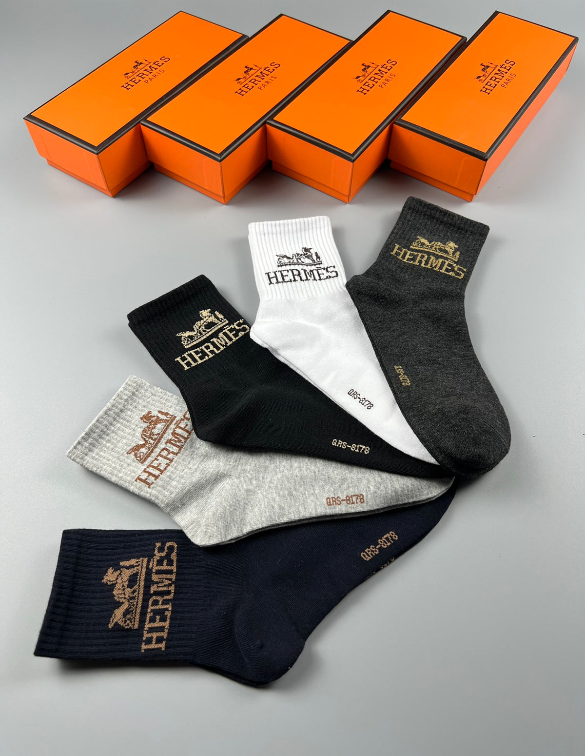Hermes Crest Logo Crew Socks - 5-Pair Box