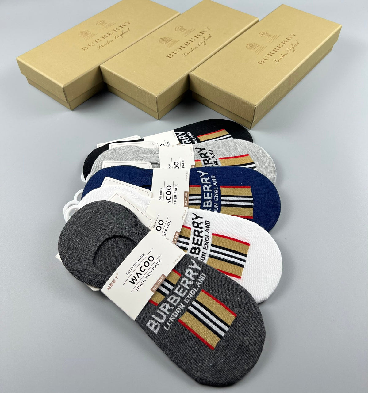Burberry Cotton Visible Logo, Stripe Or Motif Details No-Show Socks - 5-Pair Set