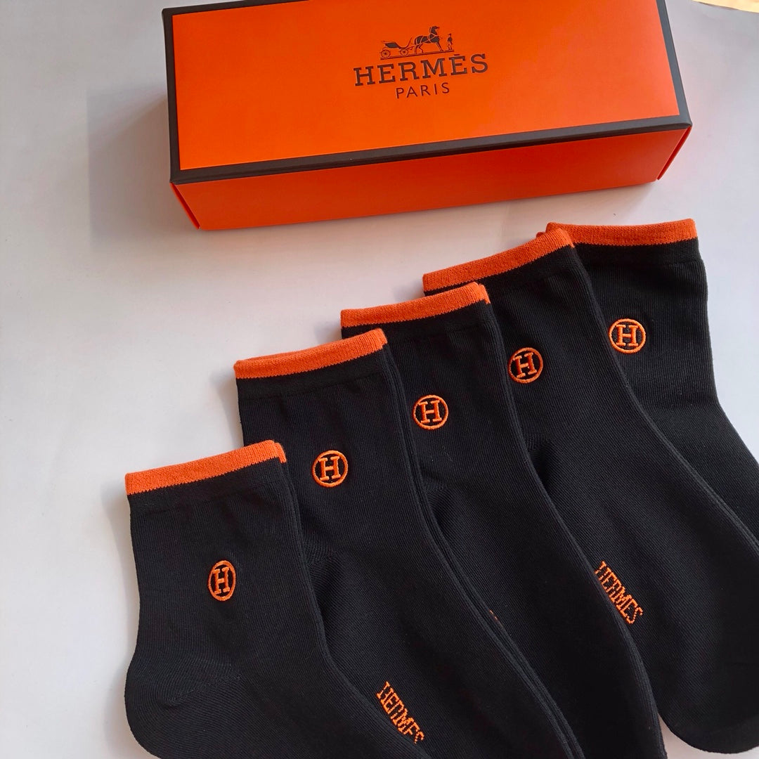 Hermes Orange Accent Mid-Calf Socks - 5-Pair Box