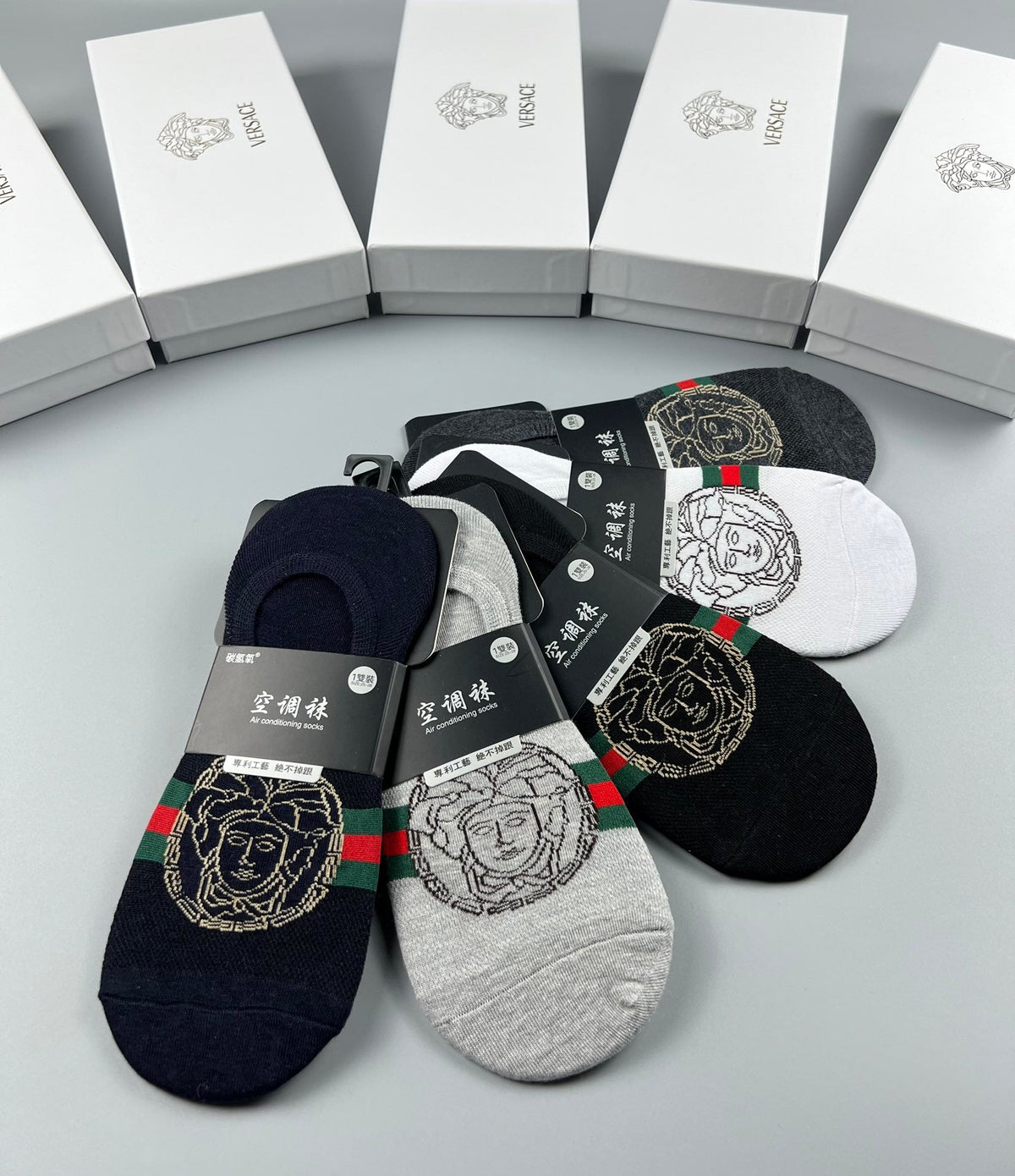 Versace Cotton Visible Logo, Stripe Or Motif Details No-Show Socks - 5-Pair Set