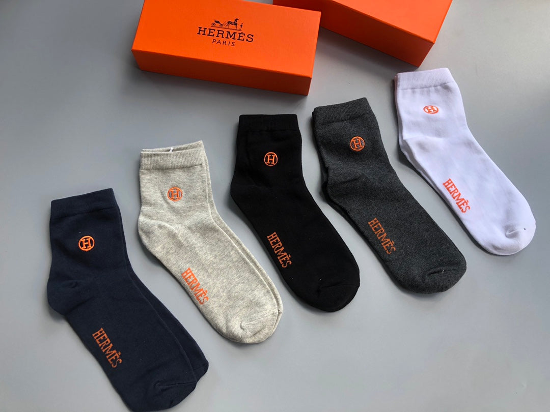 Hermes Embroidered Logo Mid-Calf Socks - 5-Pair Box