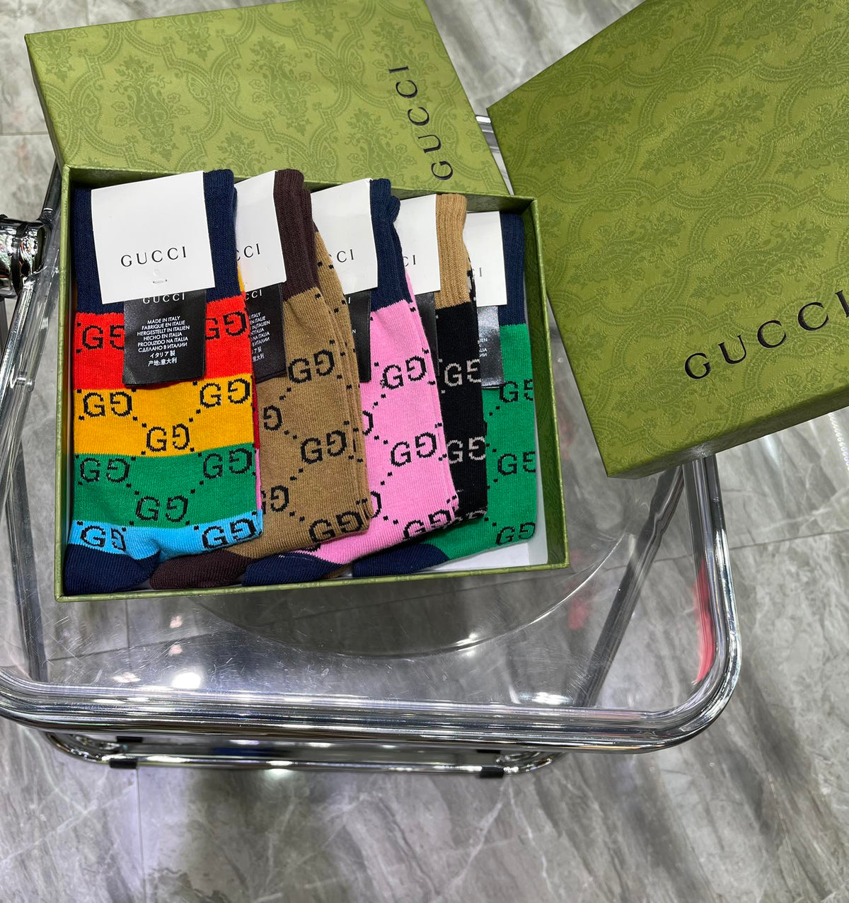 Gucci Cotton Repeating Monogram-Style Patterns Crew Socks