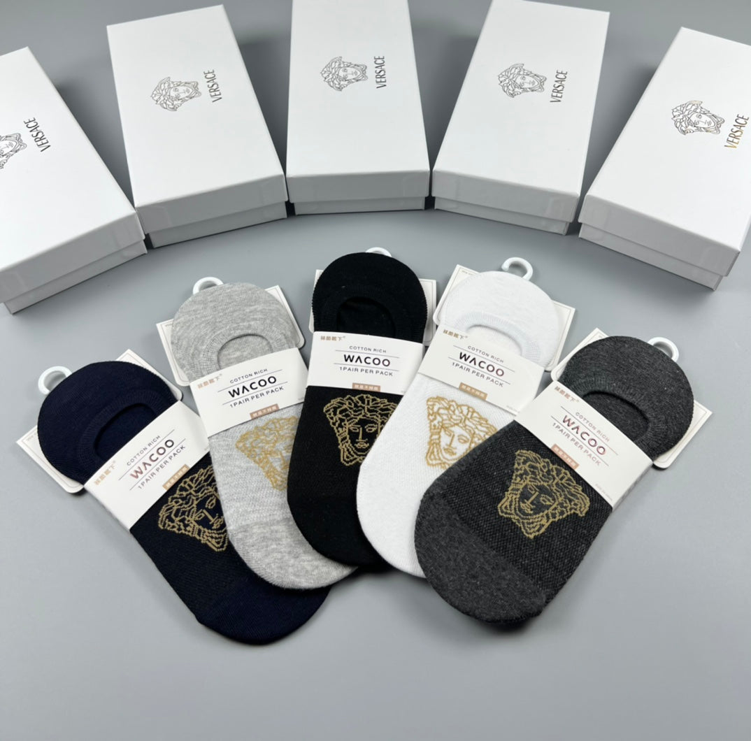 Versace Cotton Visible Logo, Stripe Or Motif Details No-Show Socks - 5-Pair Set