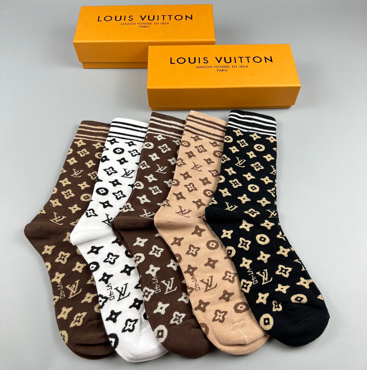 Louis Vuitton Cotton Mixed Monogram-Style Patterns Crew Socks - 5-Pair Set